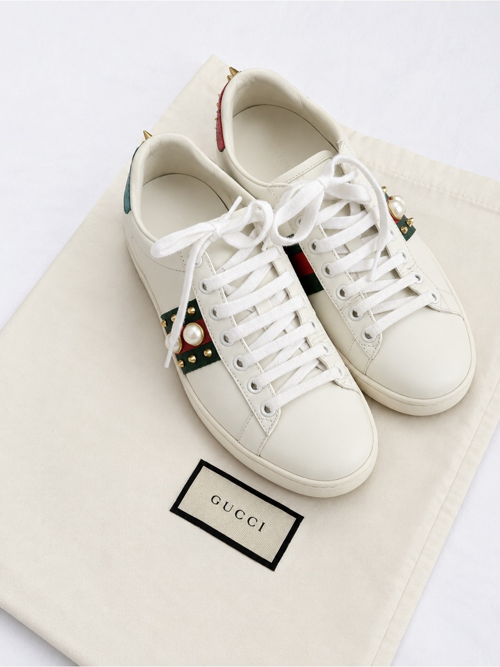 Gucci White Leather Sneakers with Green & Red Web and Pearl Studs